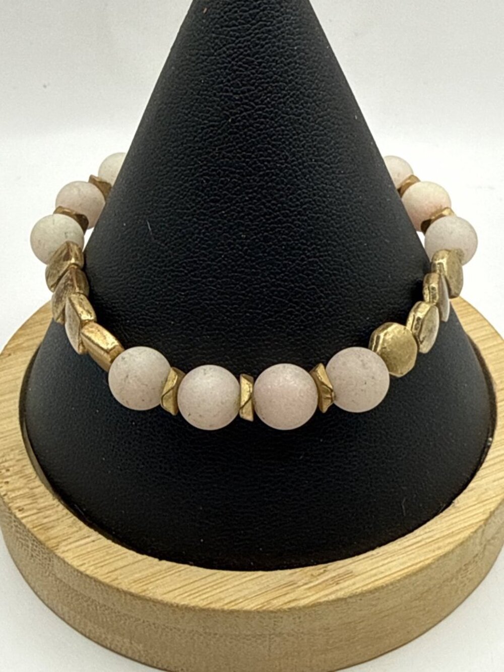 Boho Pale Beaded Stretch Bracelet Worn Antiqued Gold Geometric Spacers